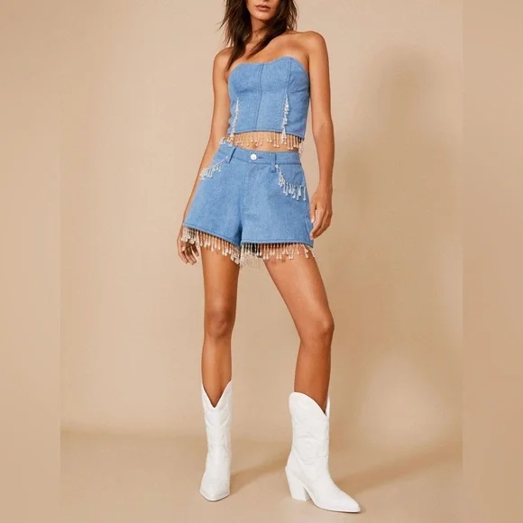 Nasty Gal Premium Chandelier Embellished Denim Bustier Top - Picture 2 of 7